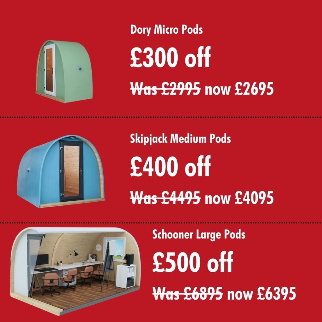 Hully Pods sale image for cheap garden Pods in the U.K. | Red background with three garden Pods listed with their discount in white writing. 