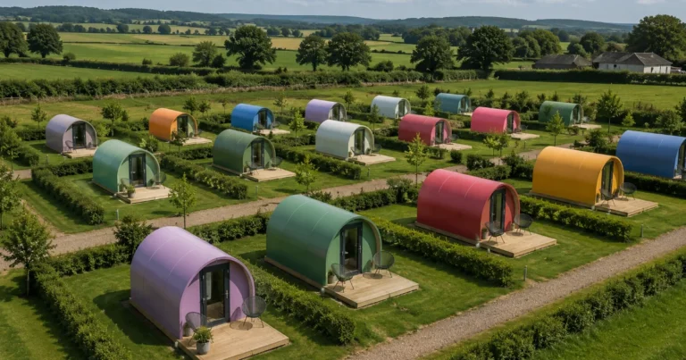a glamping site with pods that have been purchased at Hully
