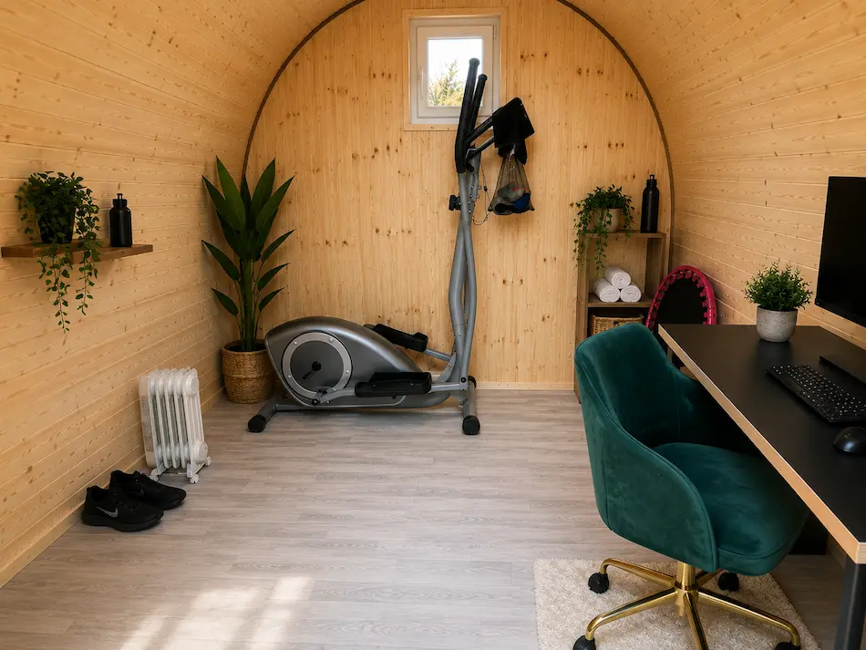 An eye-catching example of how to set up a garden room gym in the U.K.
