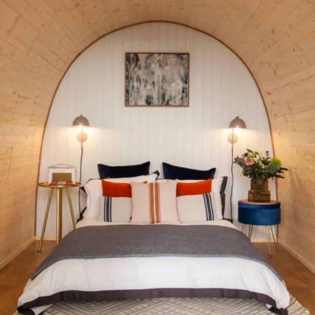 Glamping Businesses in the UK - design ideas from Hully Glamping Pods: Outdoor Pod example with bed and decor