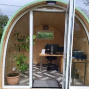 medium garden pod used as an office with glass fronted